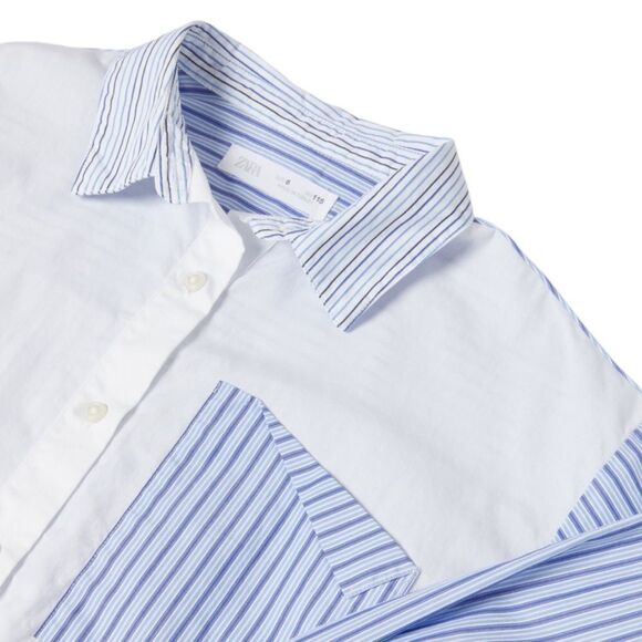 ZARA Kids | White & Blue | COMBINATION POPLIN SHIRT - Picture 4 of 6